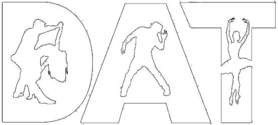 DAT Project logo: the uppercase letters D, A, and T with silhouttes of a ballroom couple, dancer with a hat, and ballerina within them.